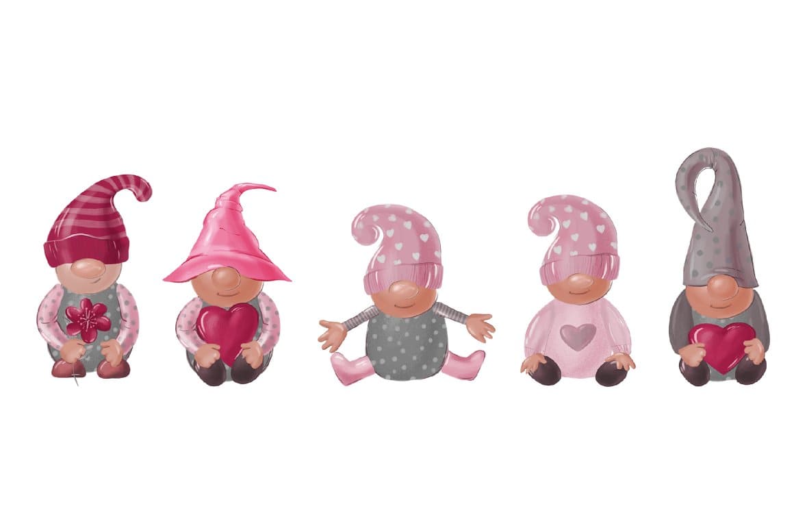Baby gnomes in cute costumes on a white background.