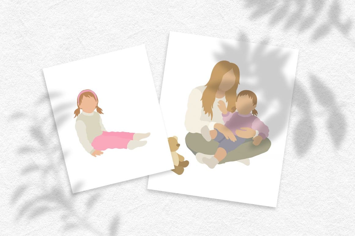 A mother with a daughter in her arms and a girl in pink pants are drawn on two cards.
