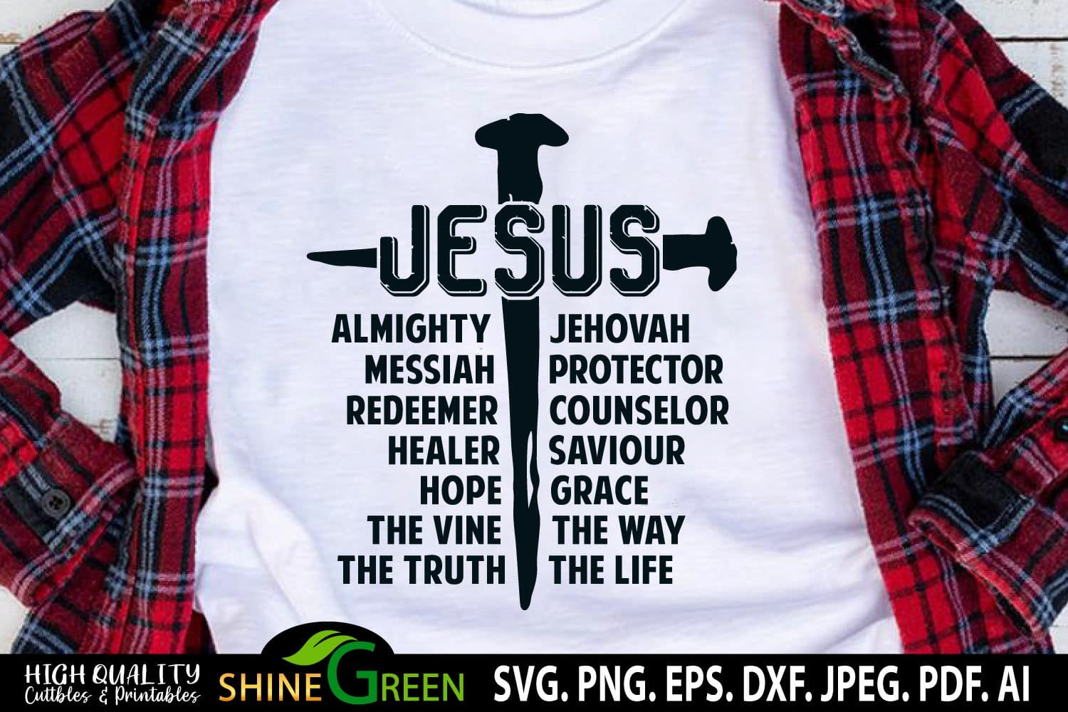 Inscription "Jesus SVG Christian SVG T-Shirt Design Vintage Nails Cross" on the white t-shirt.