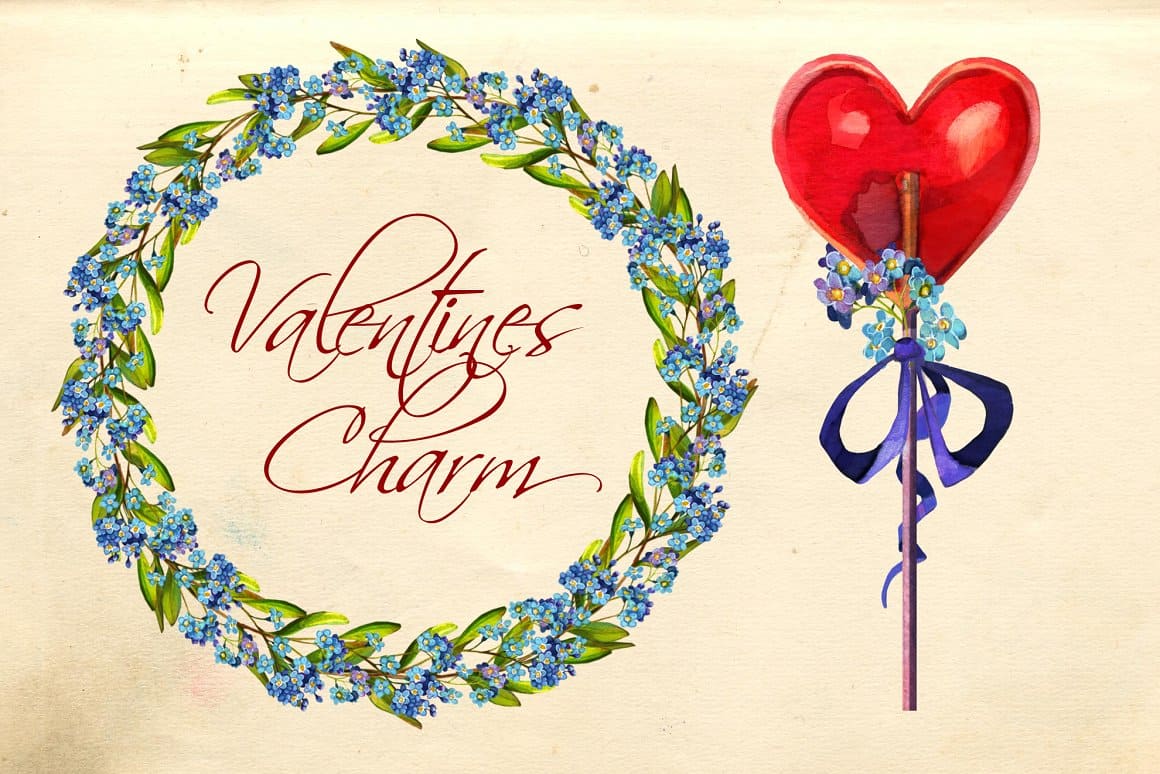 An image of a wreath of flowers and a red lollipop heart in rich colors.