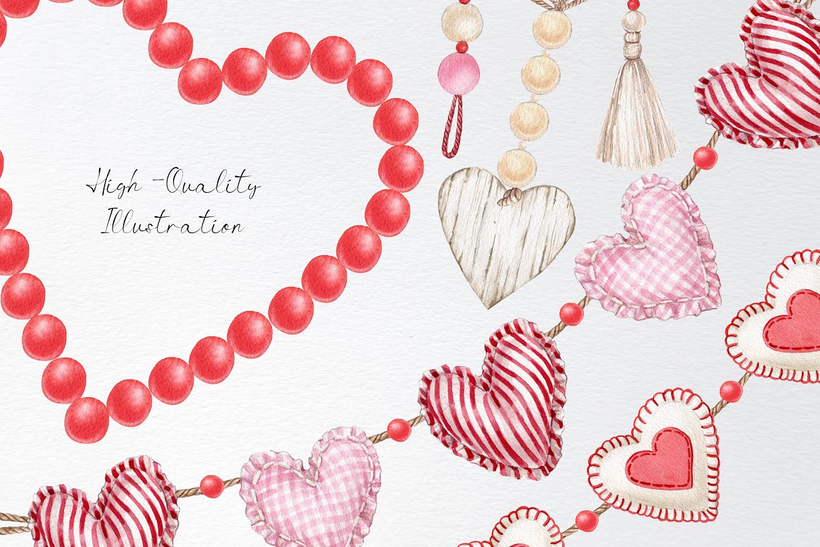 Drawings of high quality jewelry in the form of hearts for Valentine's Day.