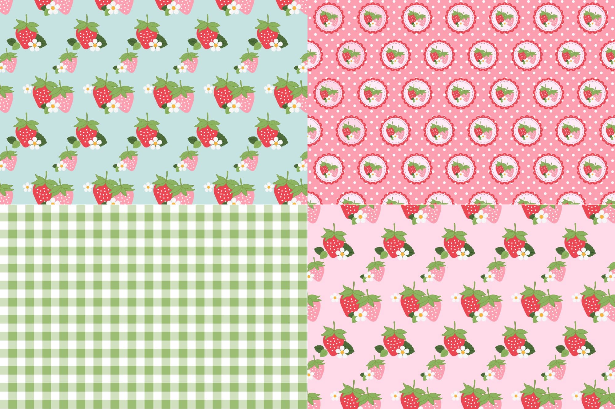 Three patterns of compositions of strawberries and flowers and one pattern in a green cell.