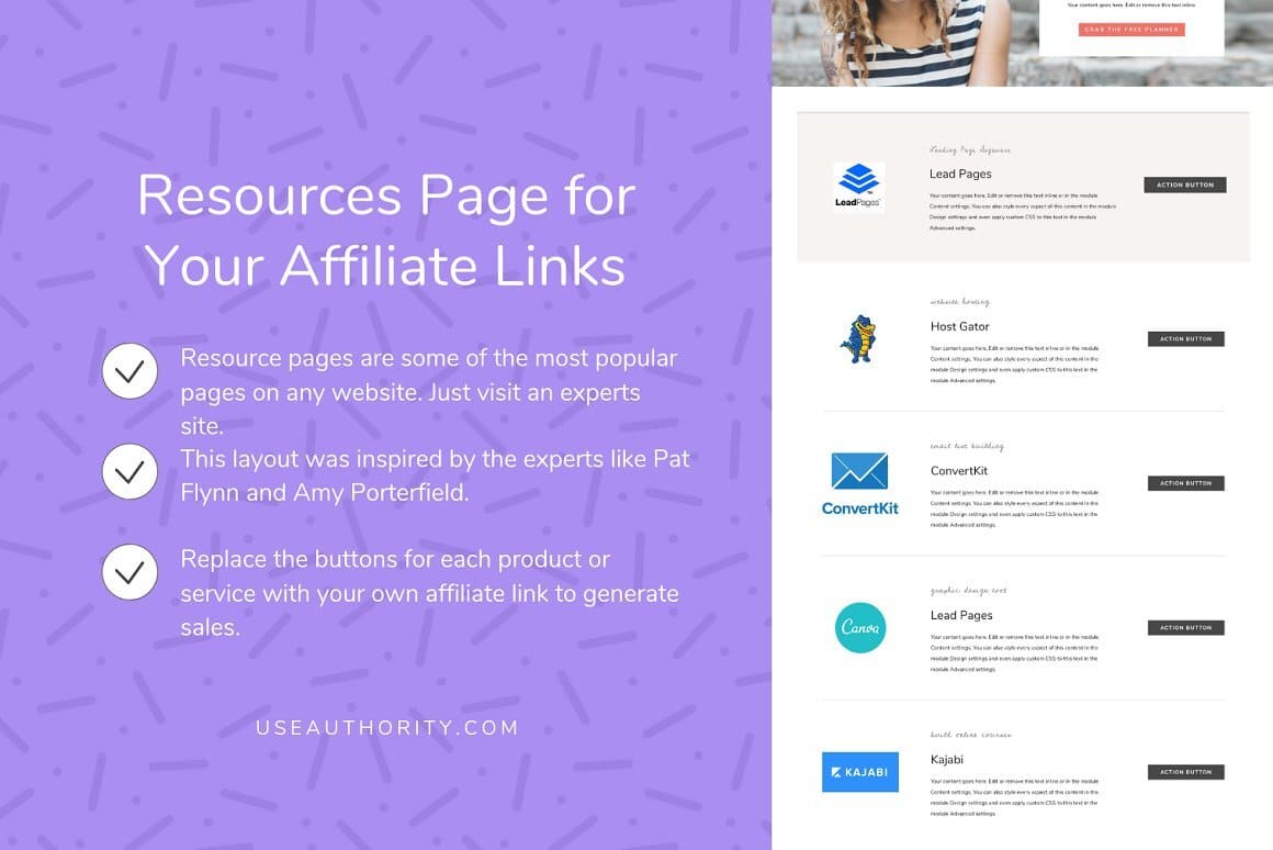 Resources page for your affiliate links.