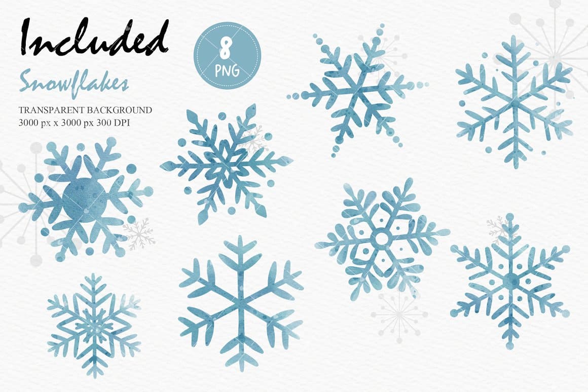 8 blue snowflakes on the transparent background.