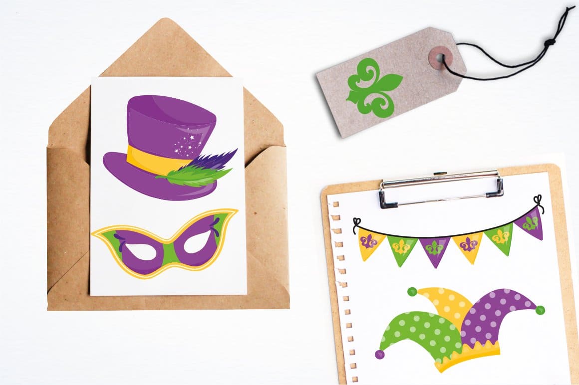 A fantastic combination of a purple hat with a green feather and a carnival mask.