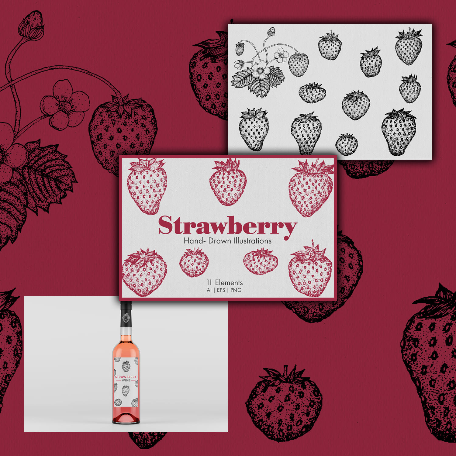 On a burgundy background, three slides with the image of strawberries are placed diagonally.
