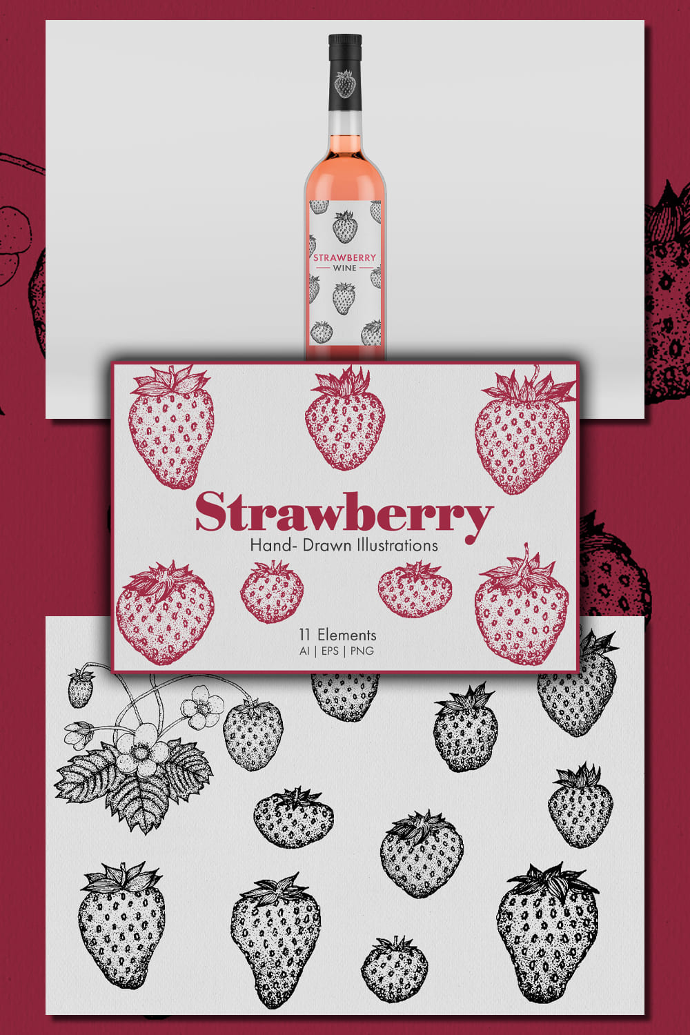 Examples of the use of illustrations of strawberries in the vintage-classical style.