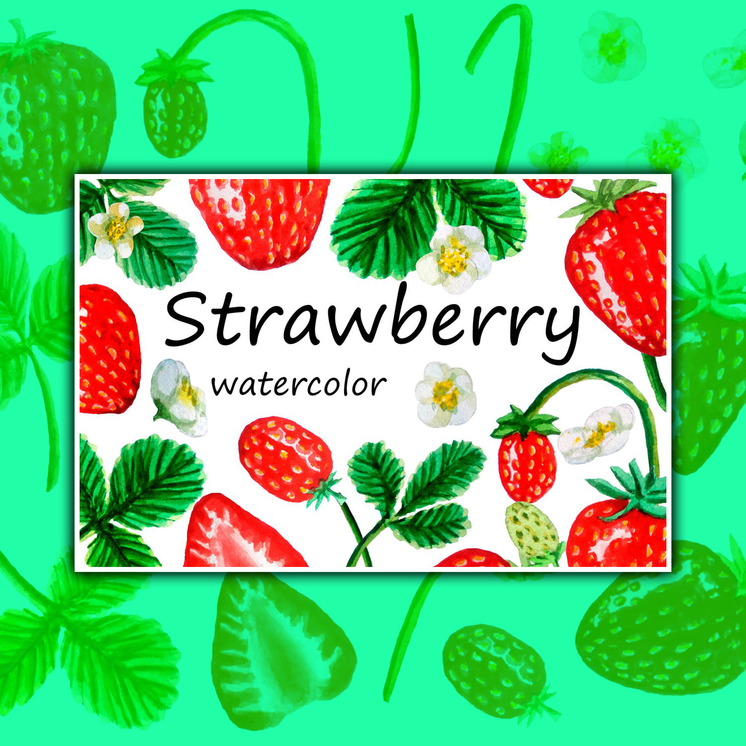 A slide of watercolor strawberries on a green background.