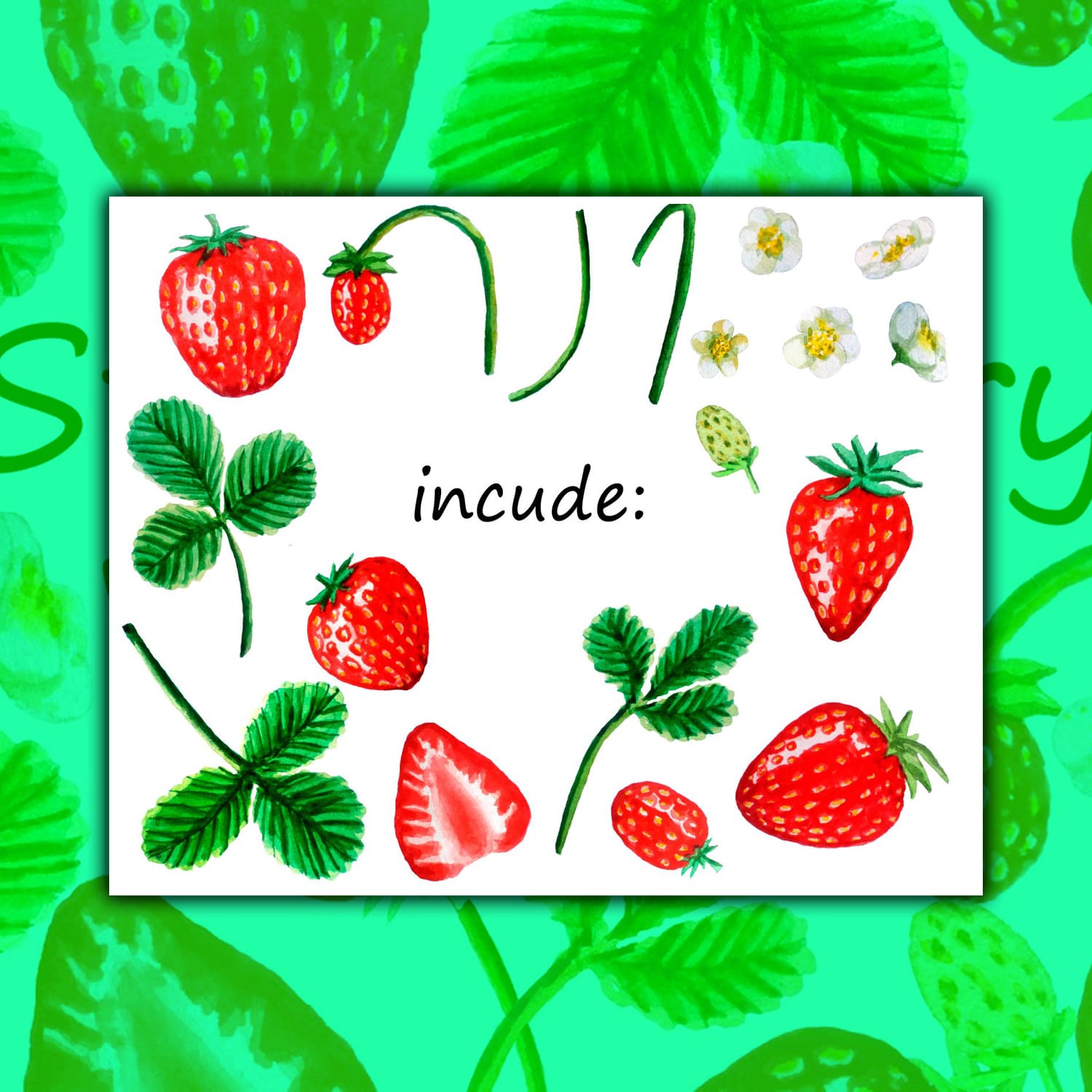 Slide with elements of watercolor strawberries on a green background.