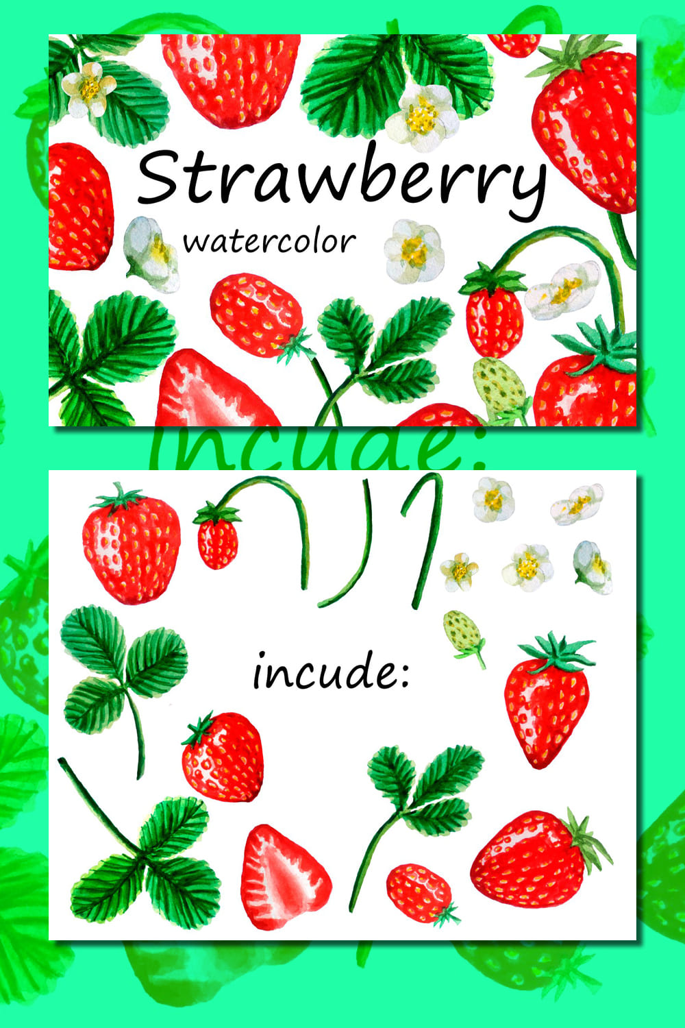 One slide with watercolor strawberry composition, another slide with watercolor strawberry elements.