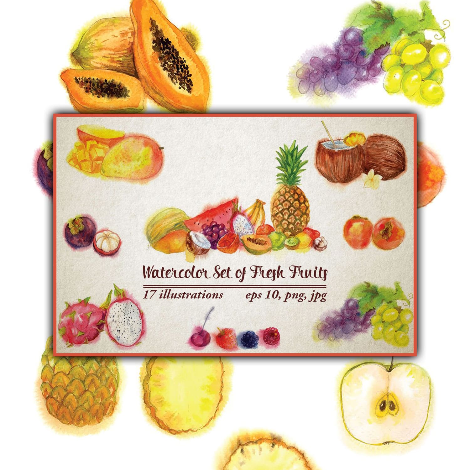 Watercolor illustration of coconut, papaya, mango and other fresh fruits on white background.