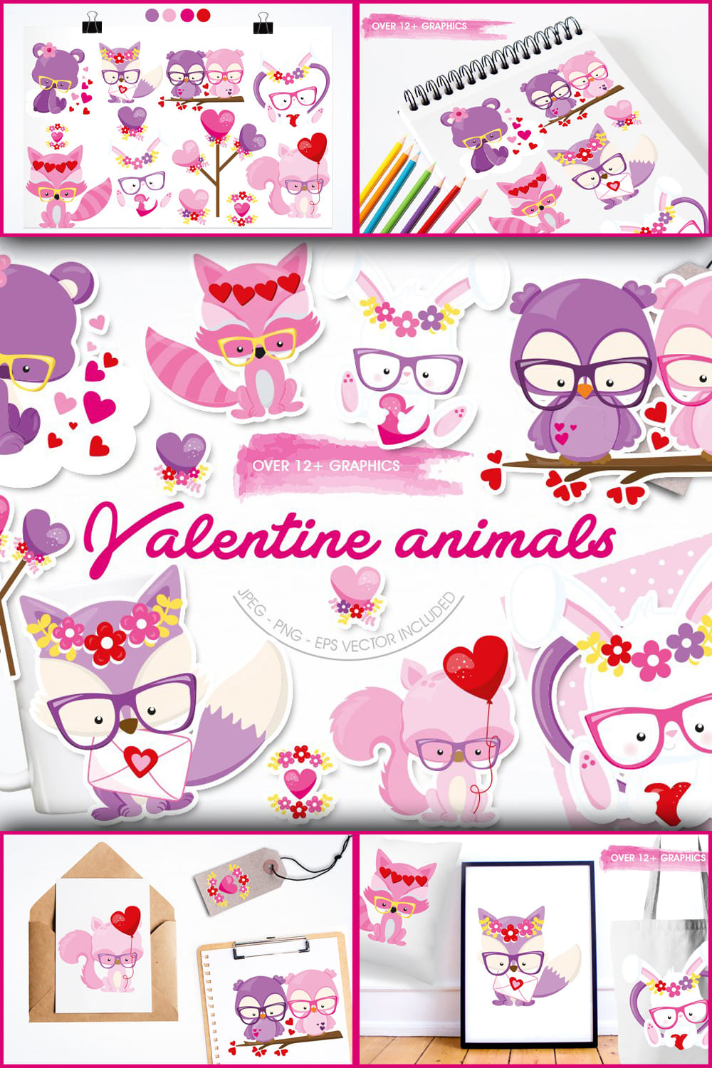 Valentine animals on the white background.