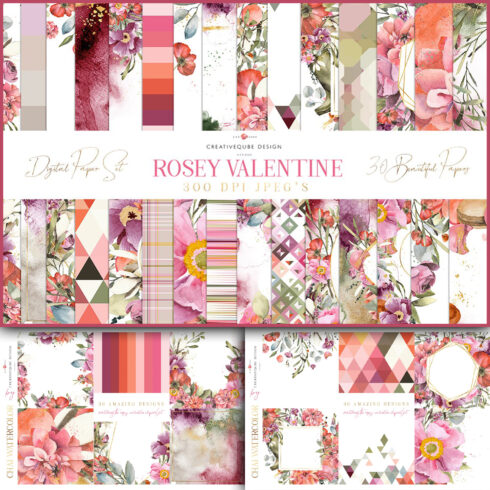 Prints with flower rosey valentines digital papers.