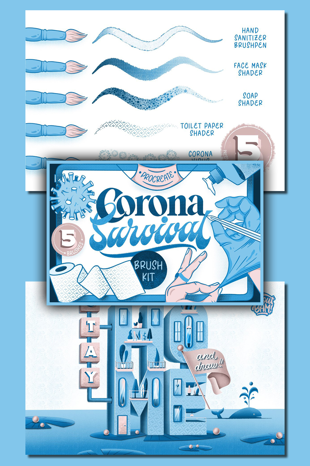 Illustrations of pinterest corona survival brush kit.