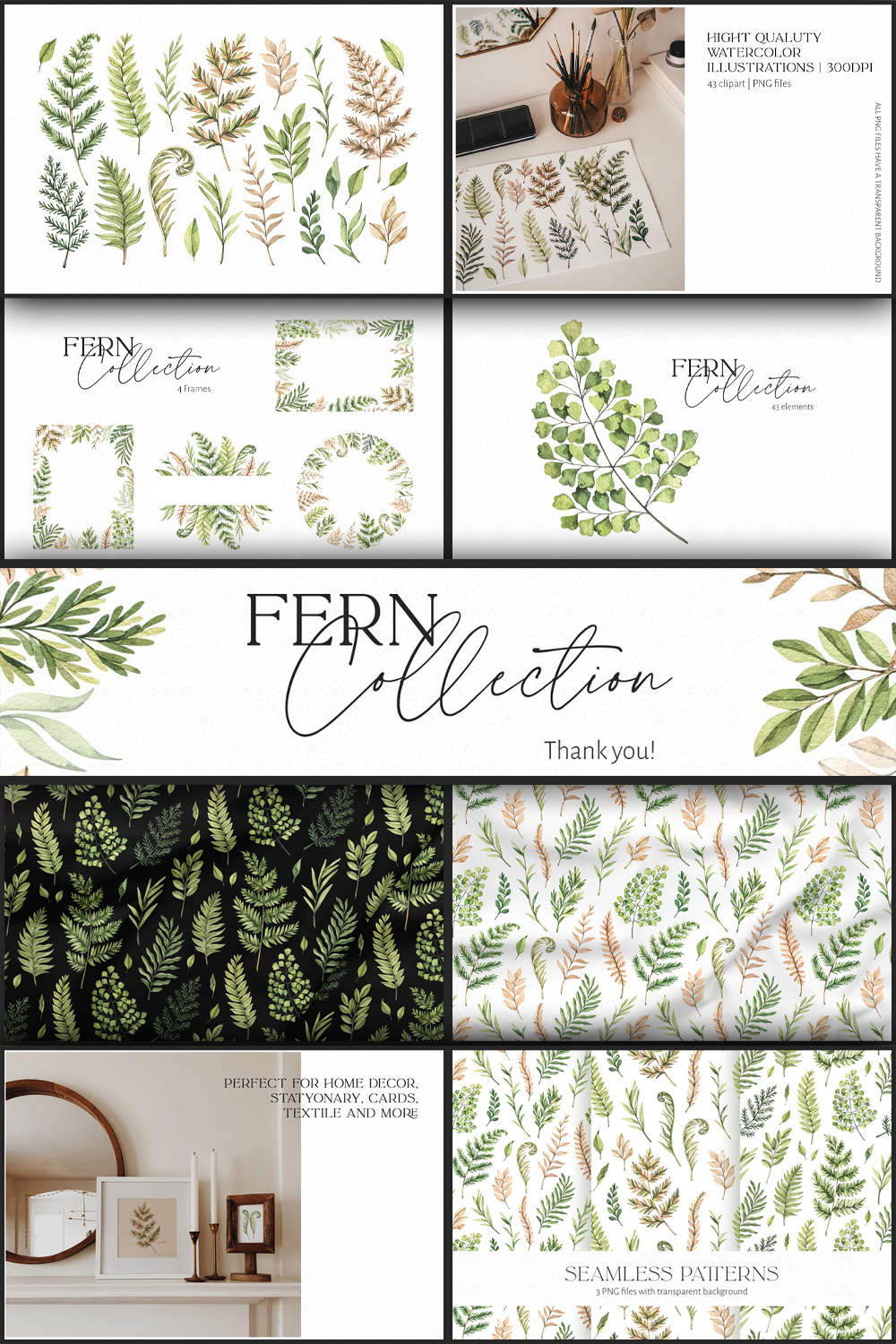 Pinterest illustrations watercolor fern greenery patterns.