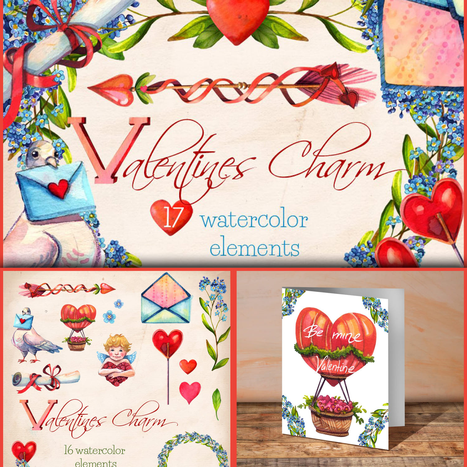 Three images with illustrations for Valentine's Day.