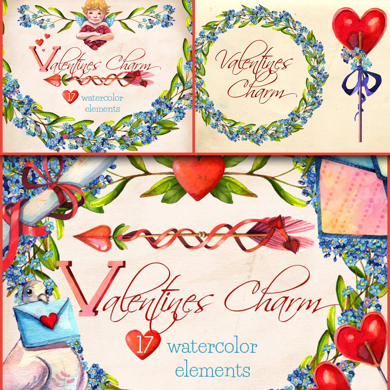 16 watercolor elements of Valentines charm watercolor clip art.