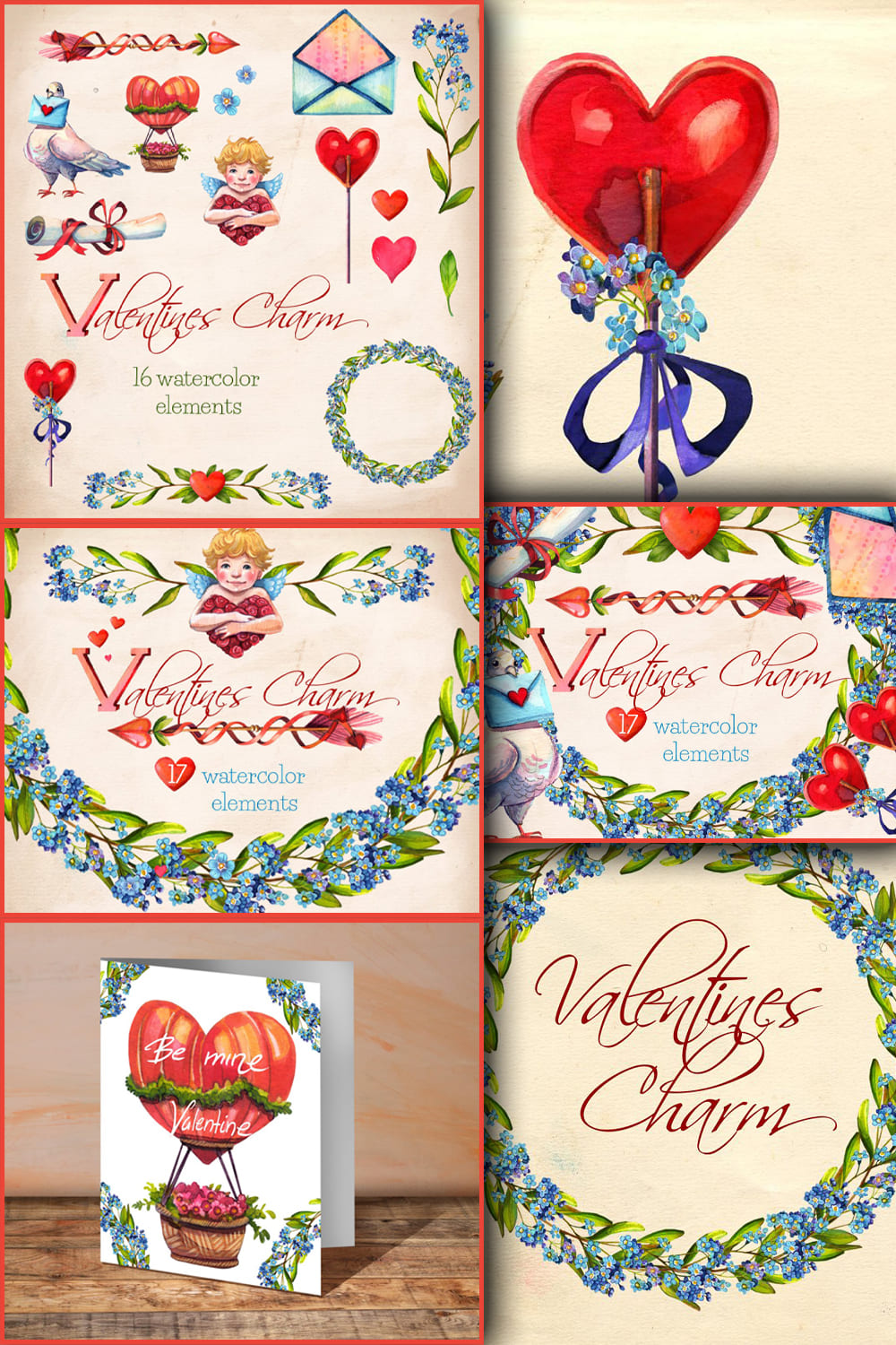 Valentines charm watercolor clip art.