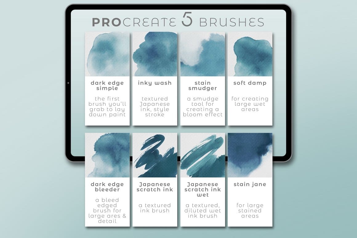 Procreate 5 brushes: dark edge simple, inky wash, stain amudger and soft damp.