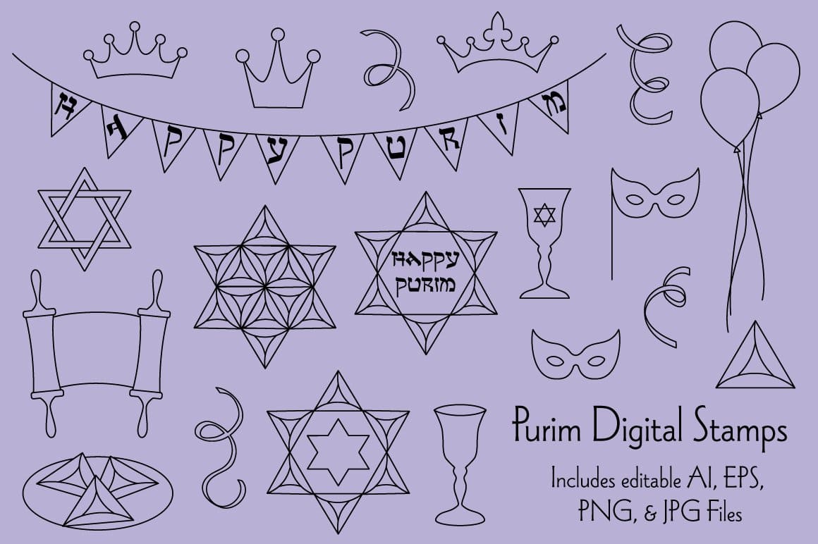 Purim Digital Stamps Clipart Illustration.