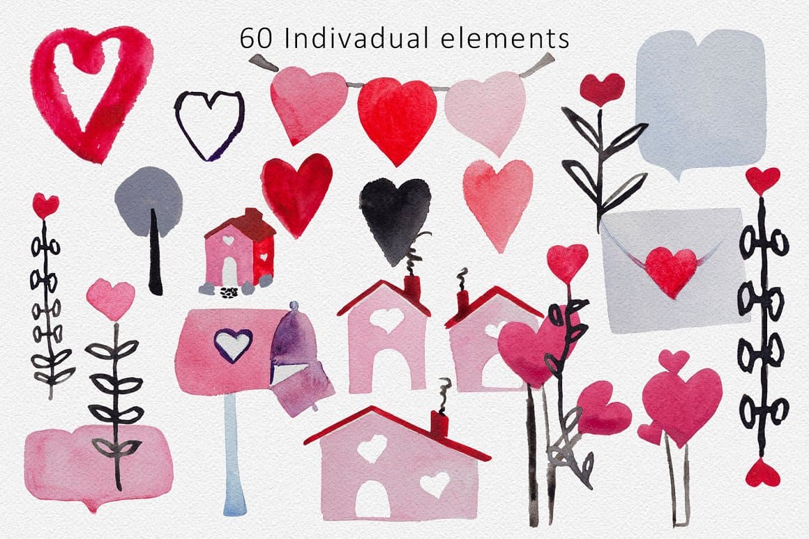 Letters with hearts, houses with hearts, plants with hearts - watercolor elements for Valentine's Day.