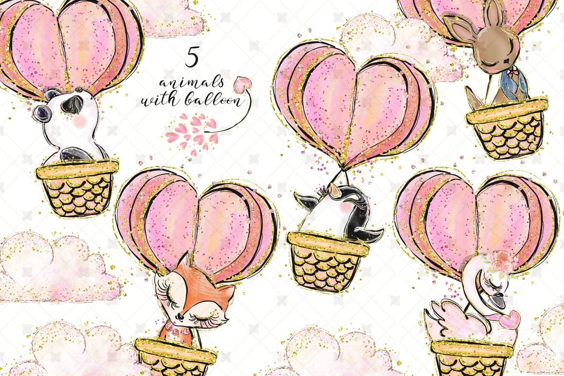 5 animals in love ride on a hot air balloon.