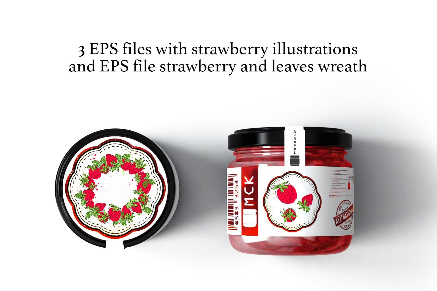 3 EPS files with strawberry illustrations and EPS file strawberry and leaves wreath.