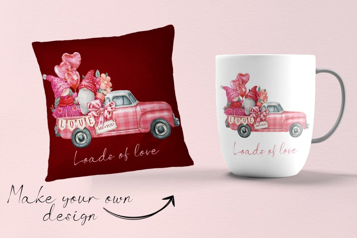 A white cup and a red pillow with the image of a pink truck.