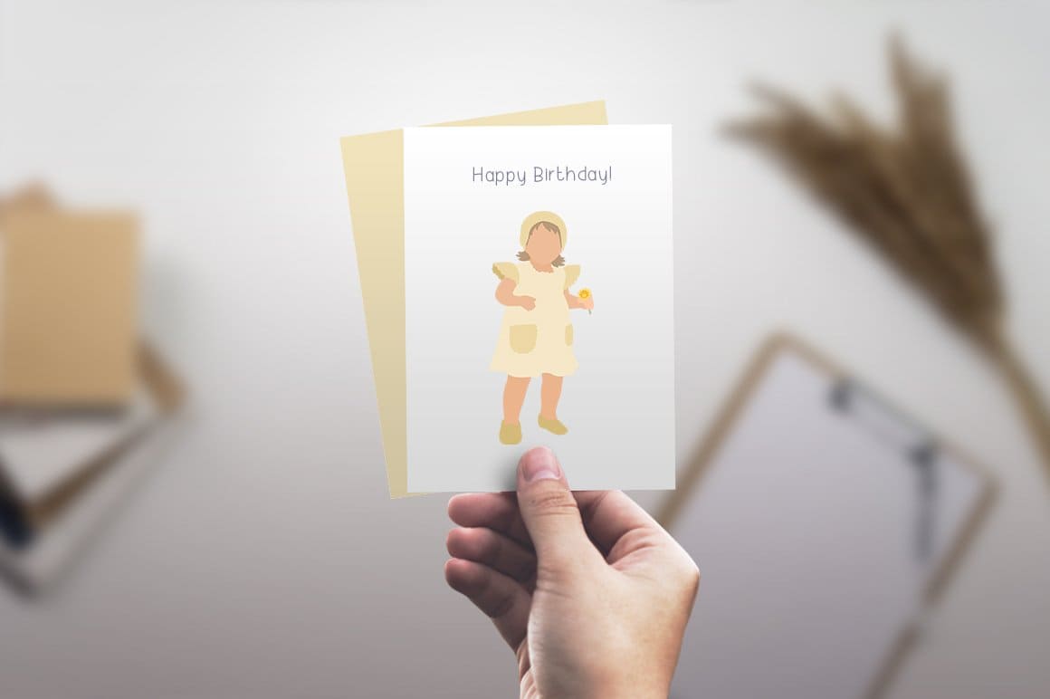 The small card shows a little girl in a beige suit.