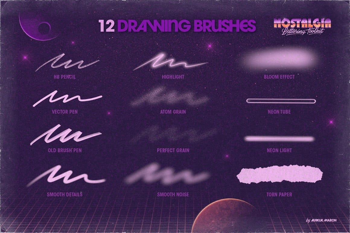 12 drawing brushes on the purple background.