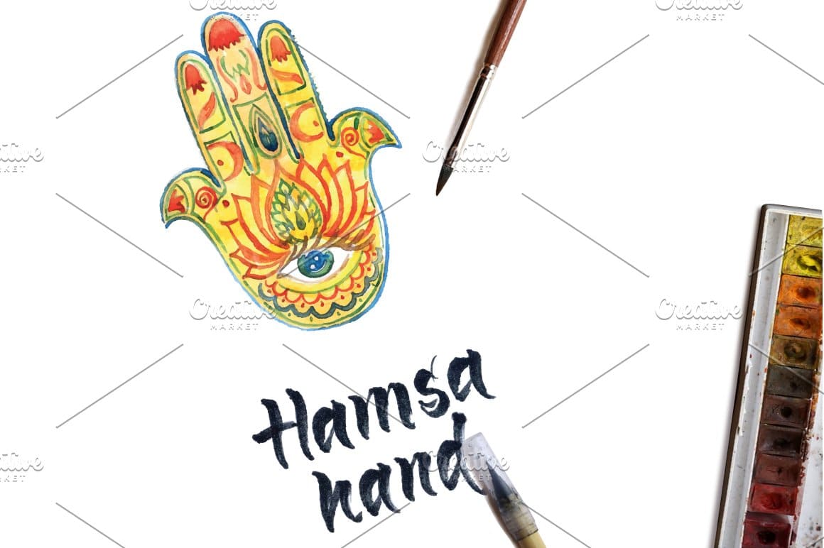 Yellow watercolor hamsa hand.