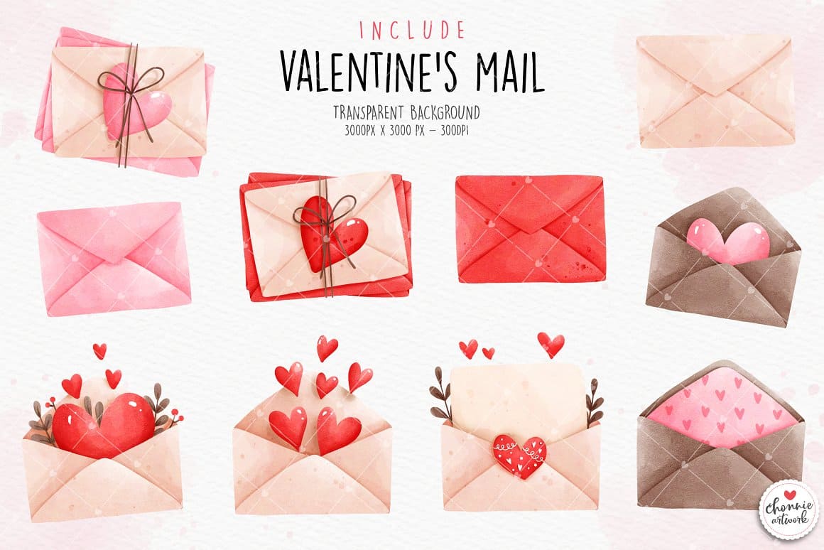 Romantic envelopes and postcards with hearts.