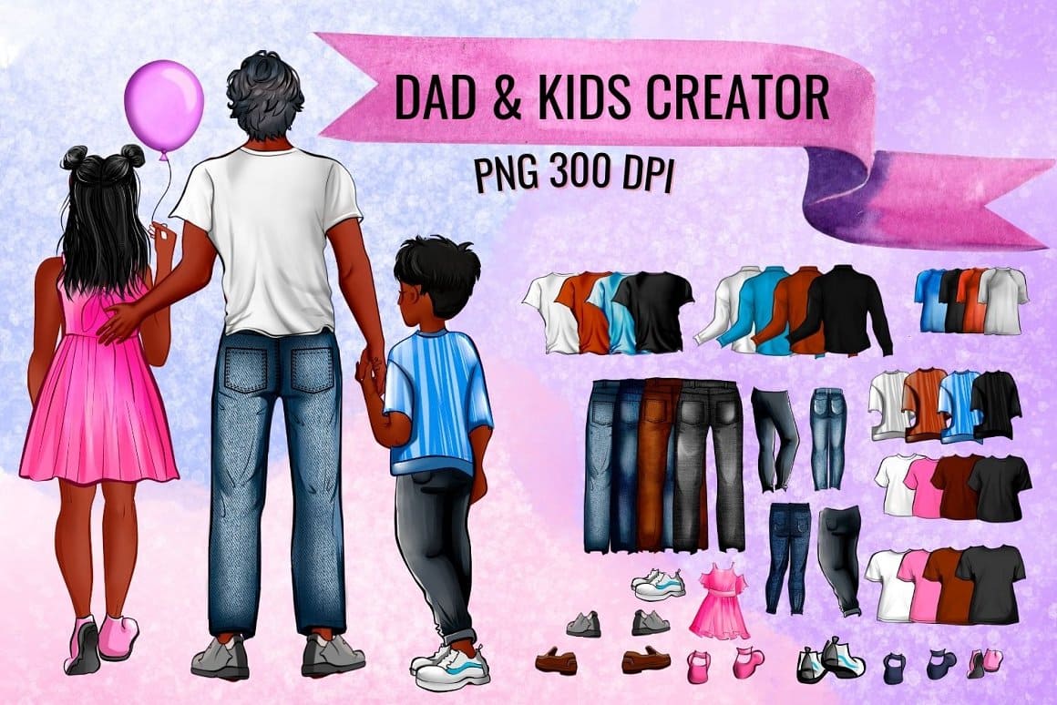 Clothes and shoes for dad and children.