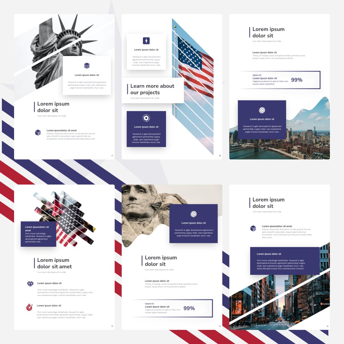 Six cards with information about America.