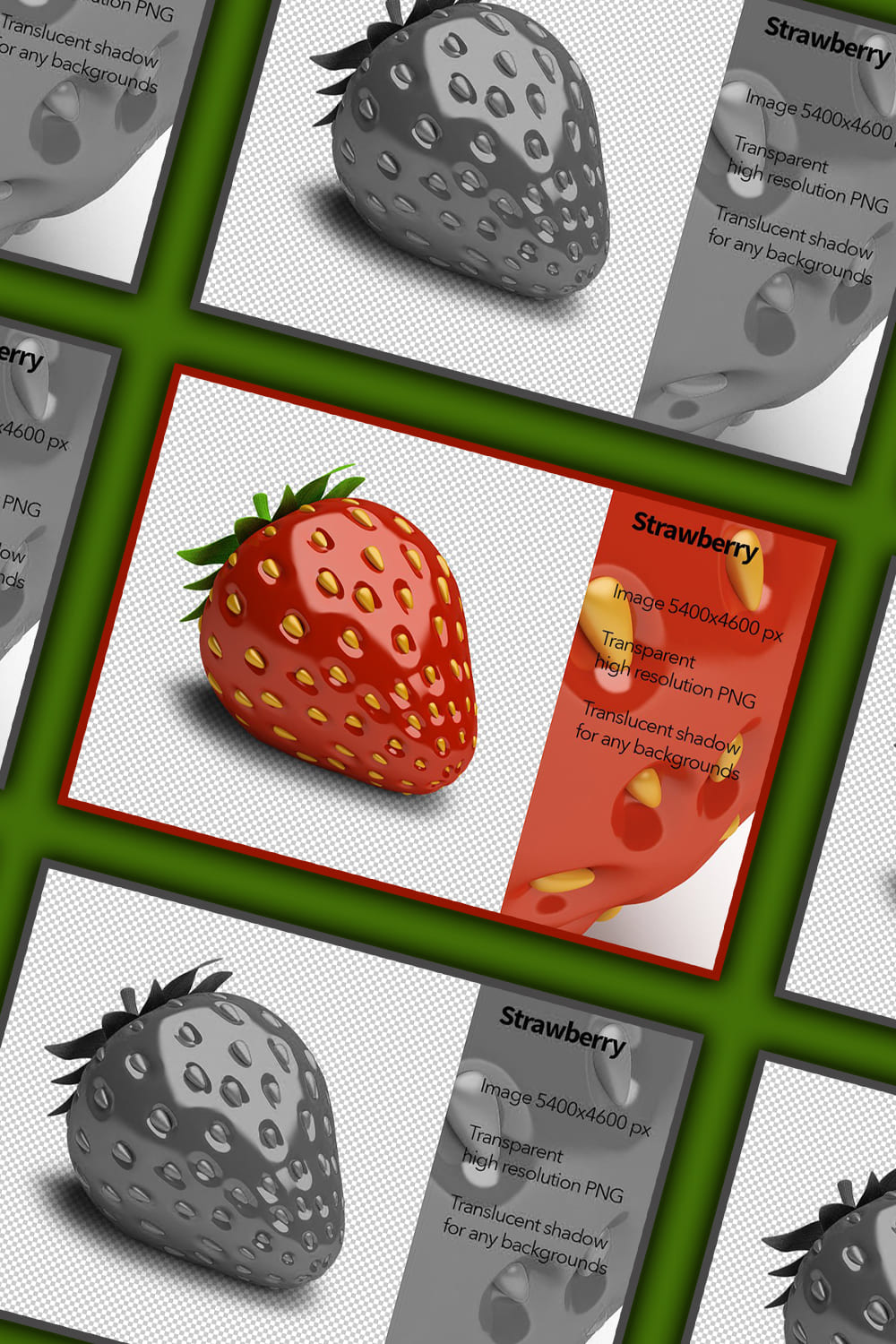 A red delicious strawberry is drawn on the slide and the same black and white slides.