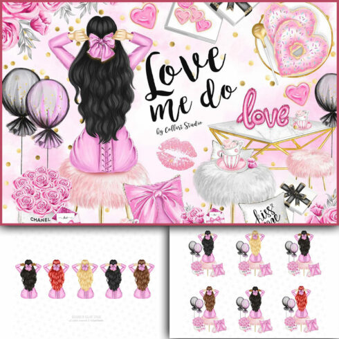 Perfect romantic clipart with pink roses, donuts with pink frosting.