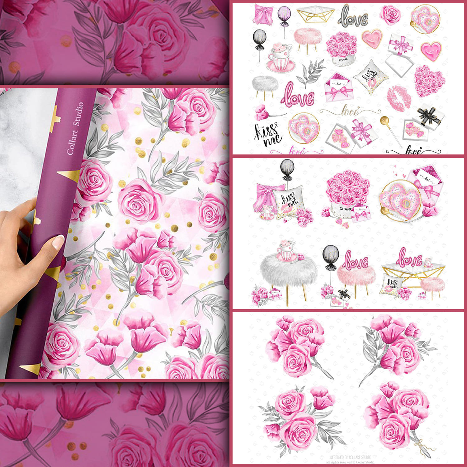 The word love is perfect for this romantic clipart filled with roses and other romantic things.