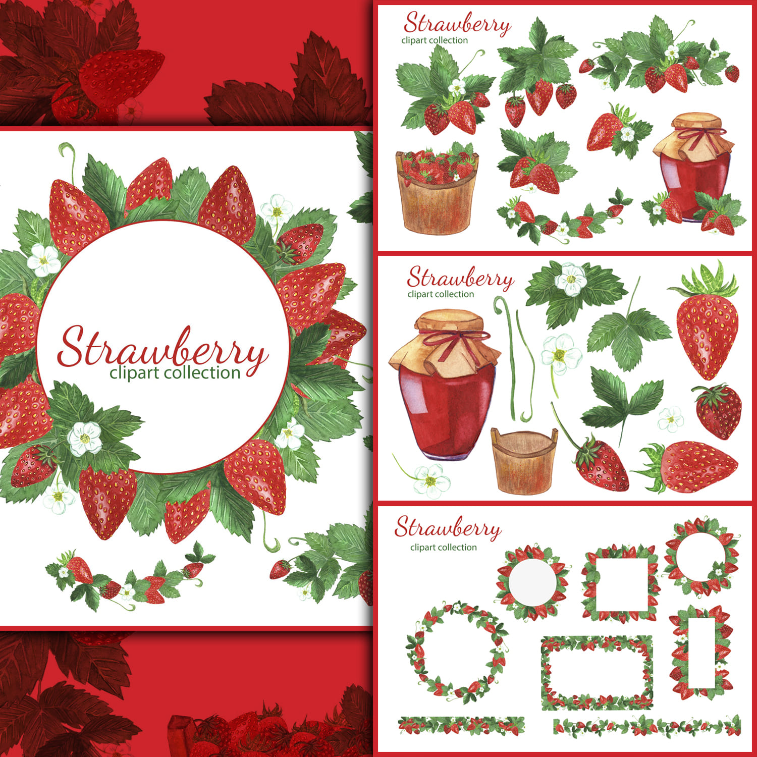 Slides with strawberries and possible options for using this clipart are shown on a red background.