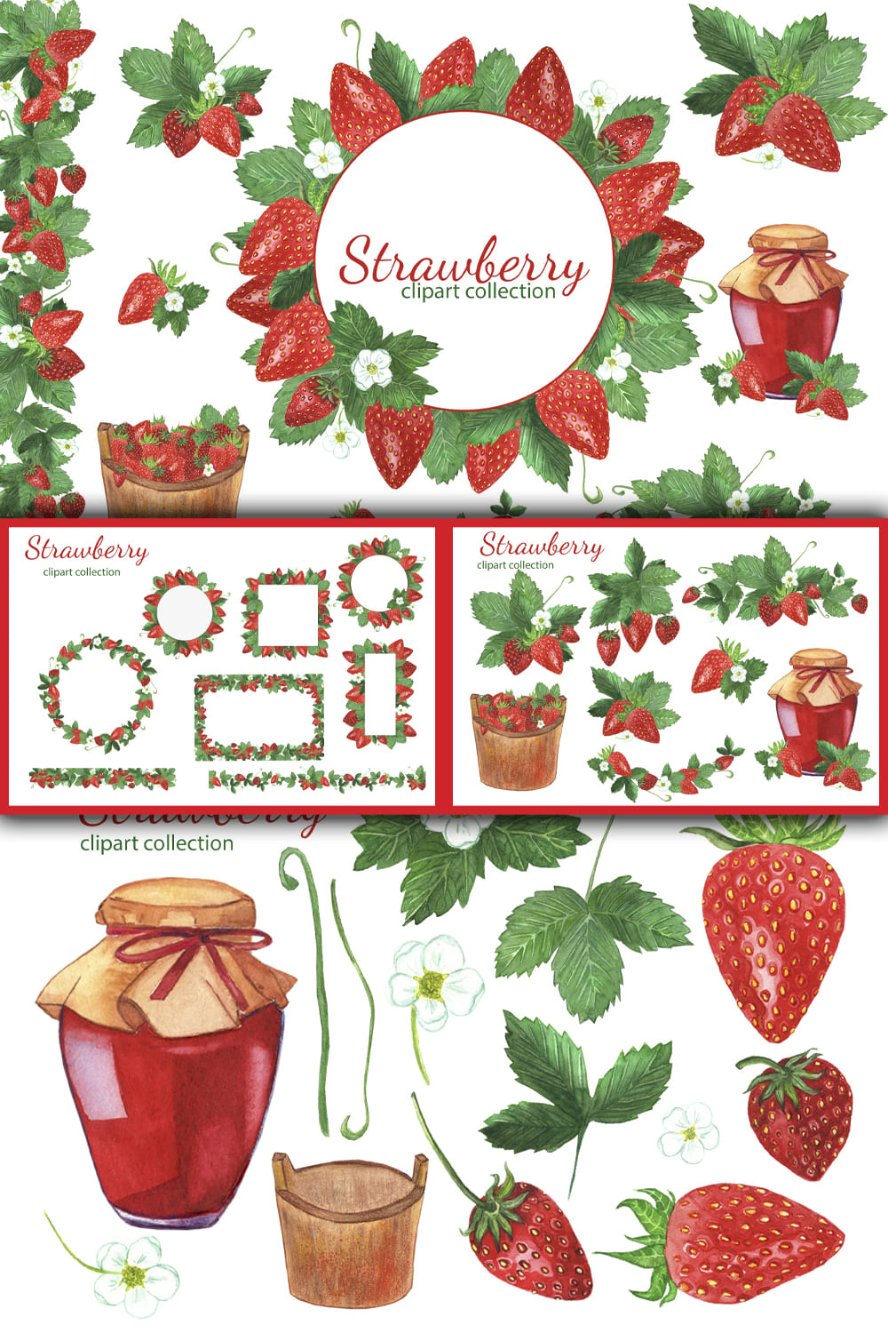 Watercolor strawberry clipart strawberries frames.