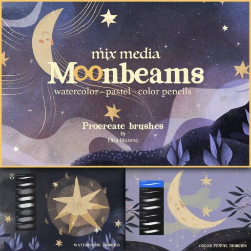 Illustrations with moonbeams mix media brushes.
