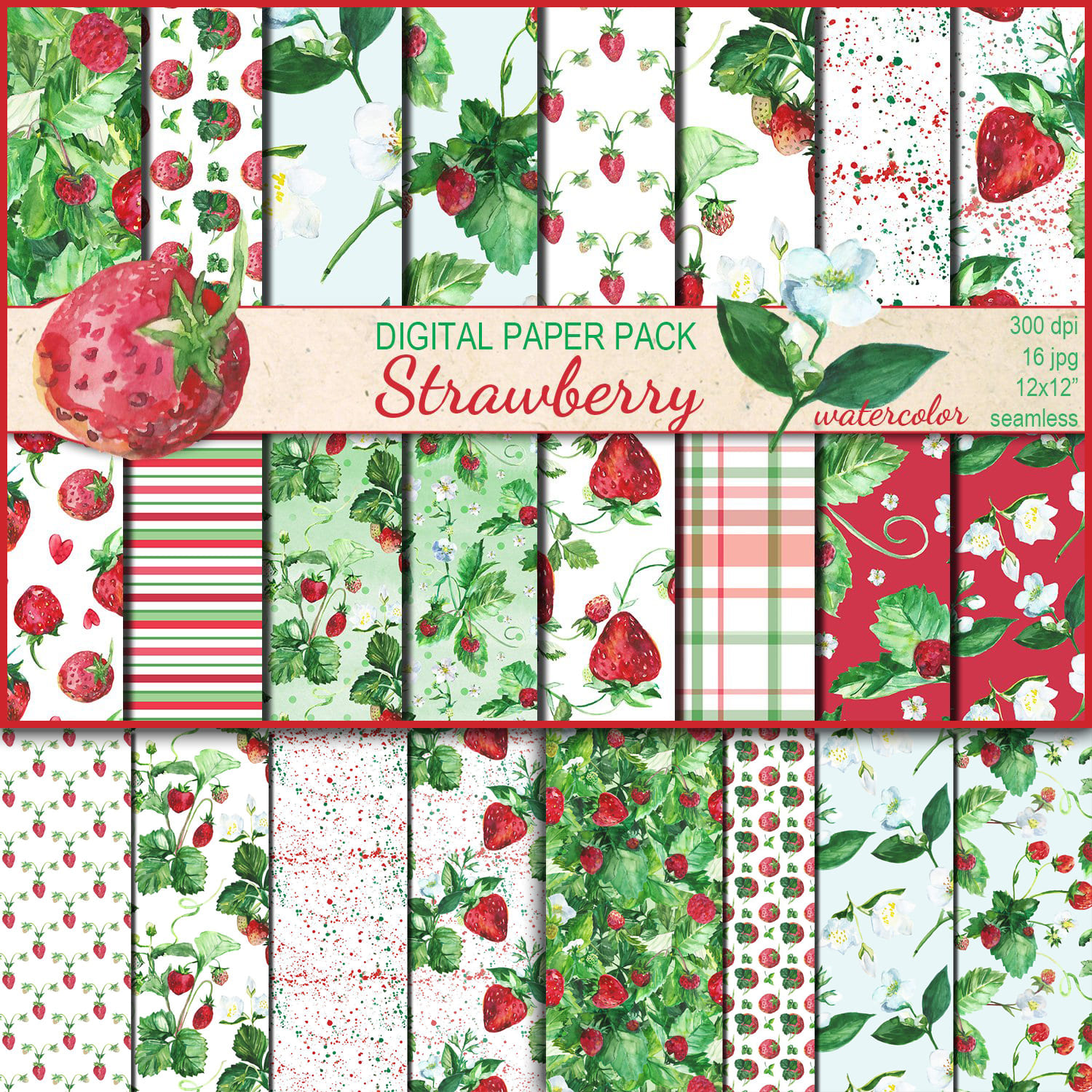 Watercolor strawberries in different combinations on patterns.