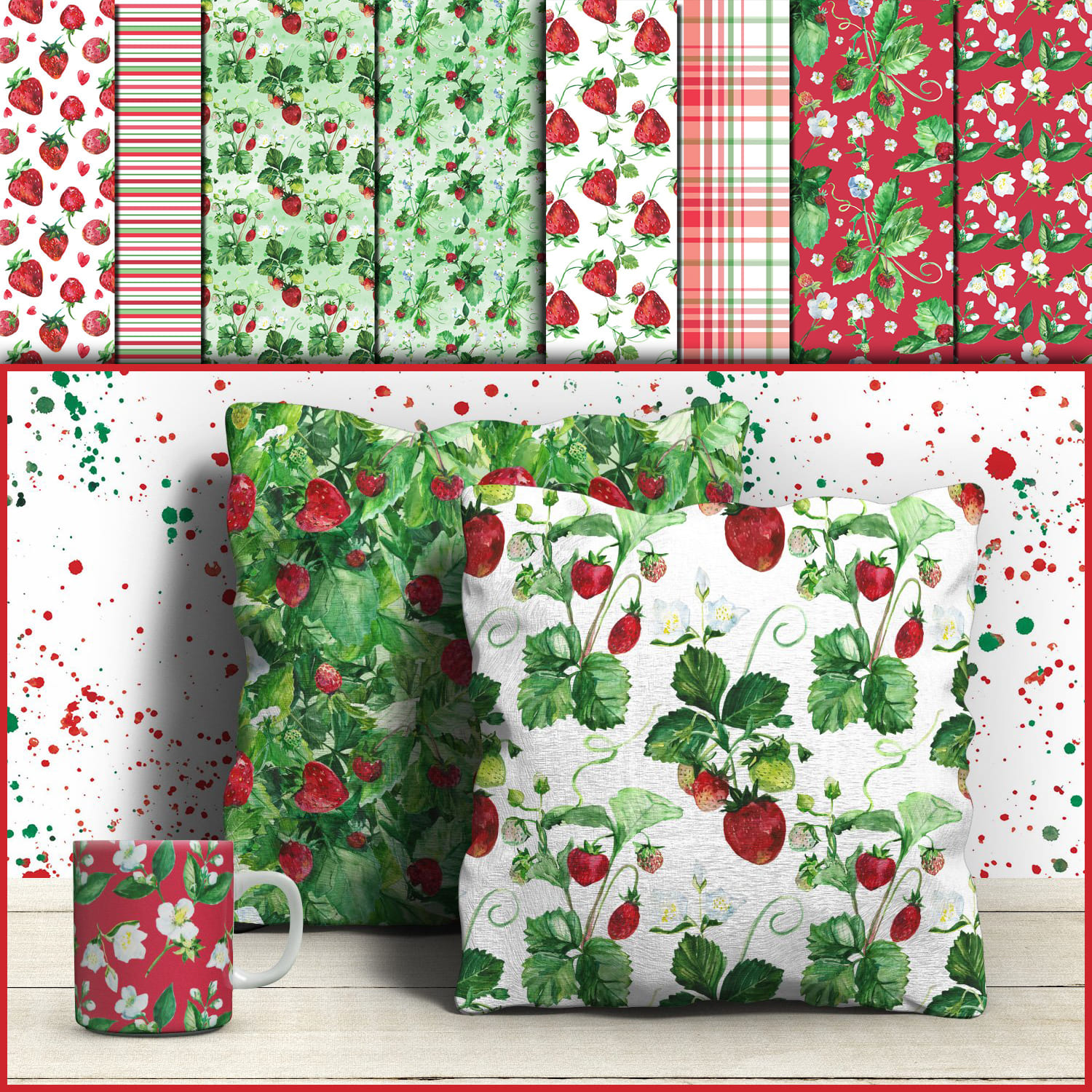 Patterns in a stripe, a cell and on a uniform background with strawberries.