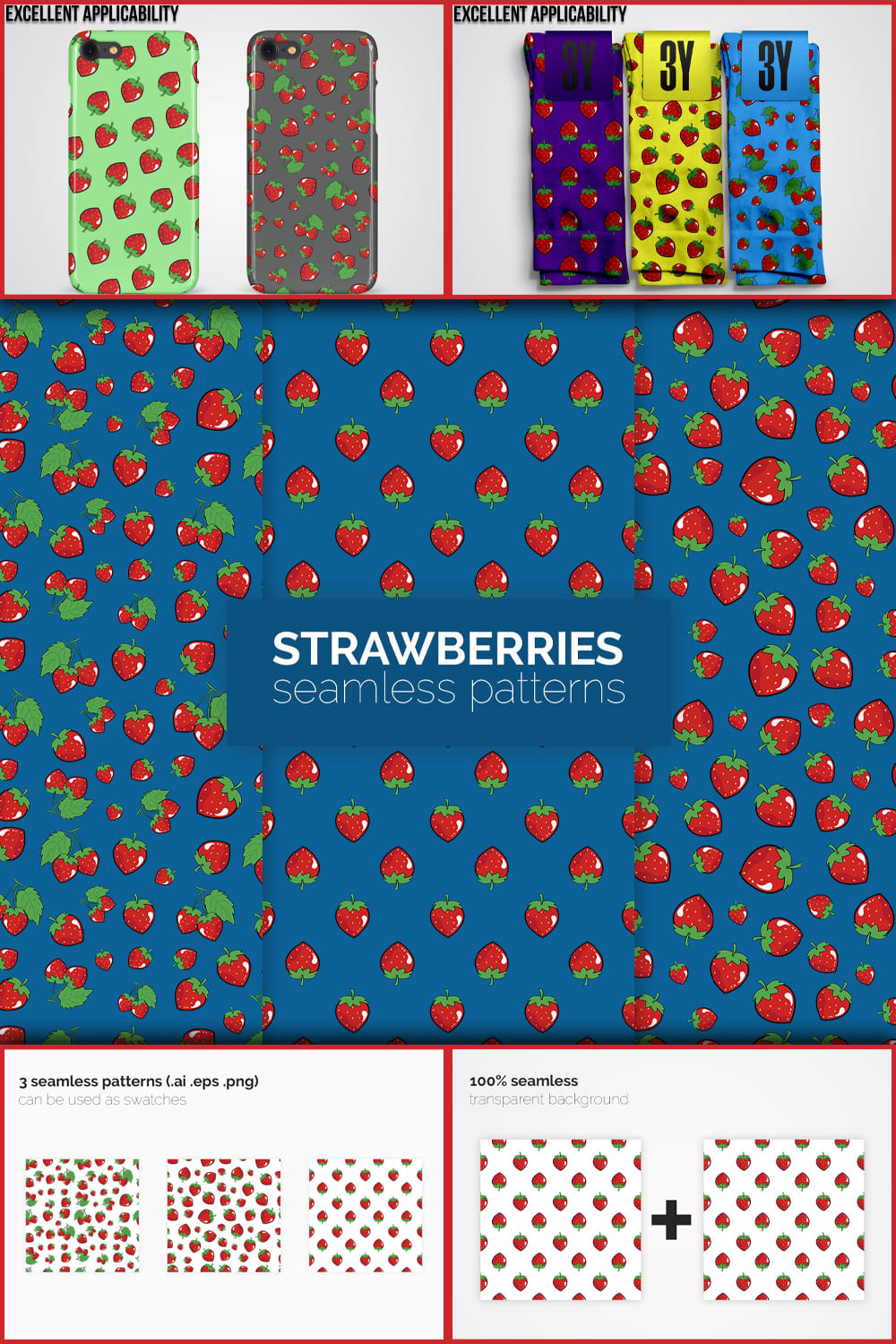 Strawberries seamless patterns.