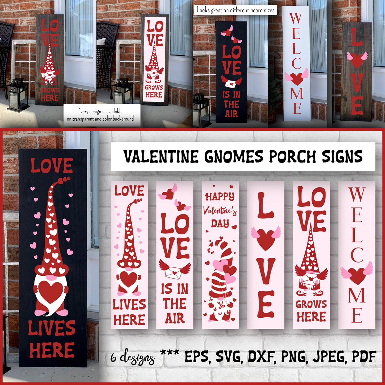 Images with valentine gnomes porch signs.