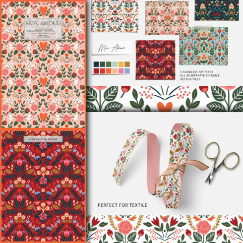 Several floral Mon amour patterns on different backgrounds.