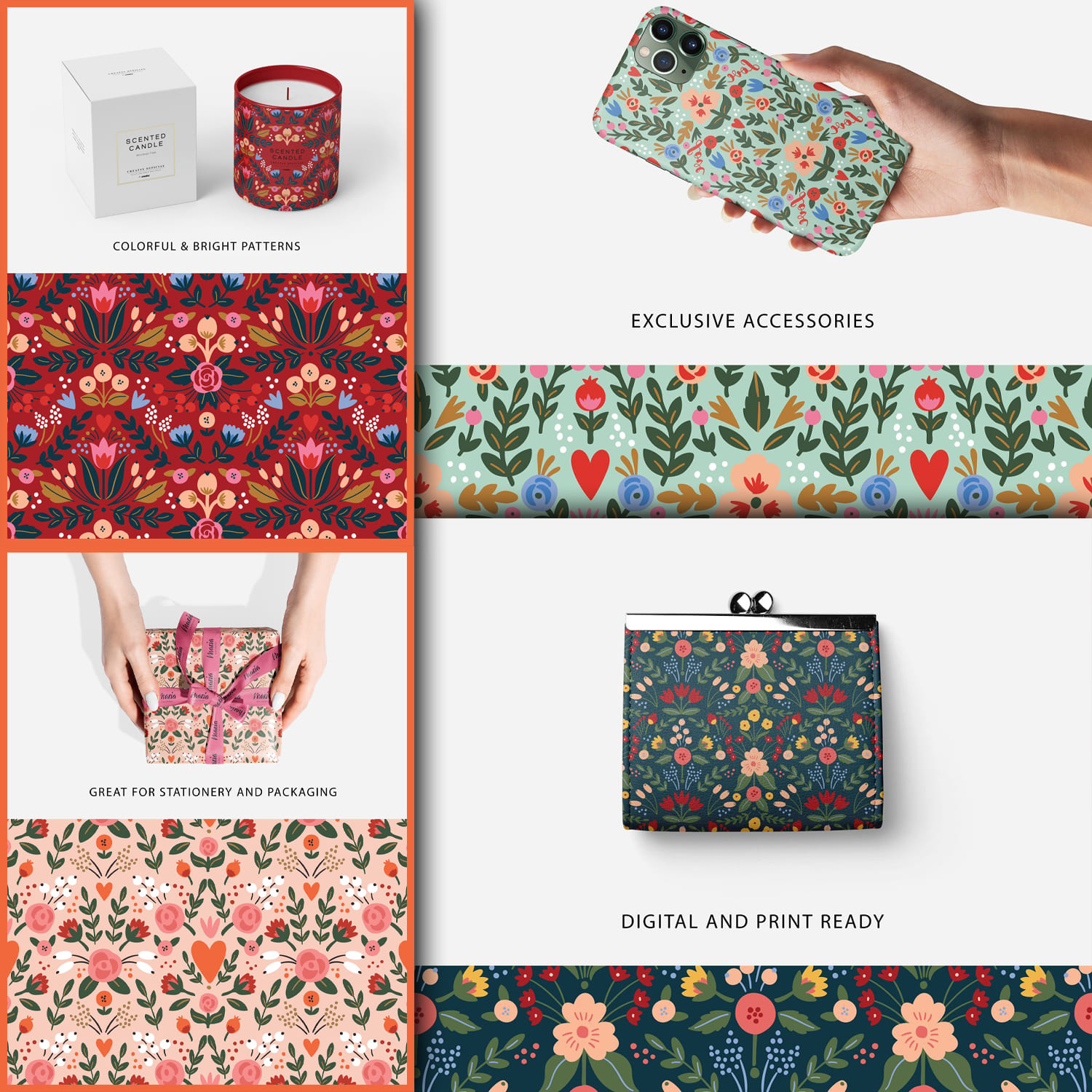 Examples of using Mon Amour patterns in the design of candles, phones, wallets, and gifts.