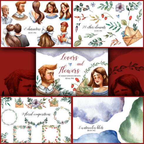 Preview lovers and flowers watercolor set.