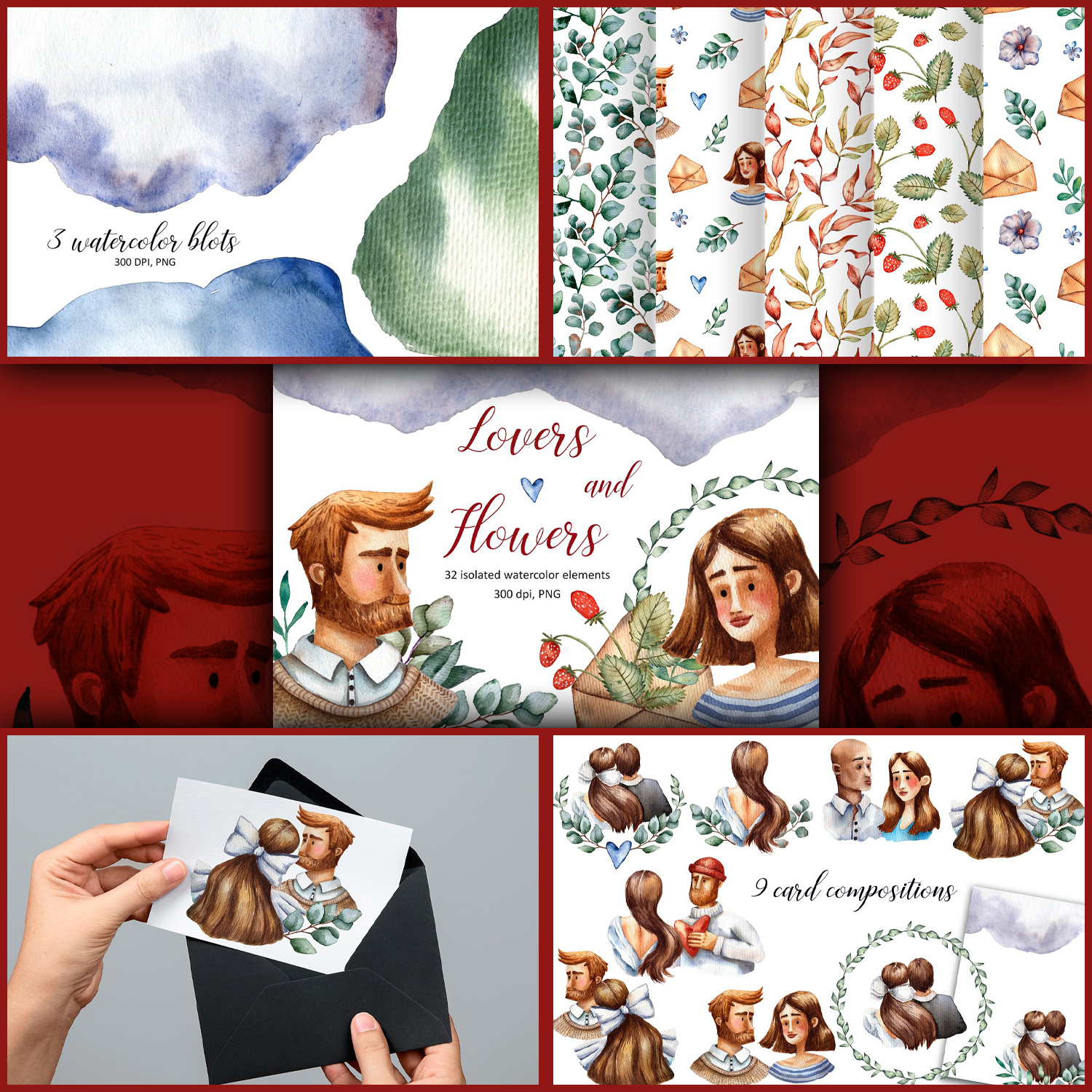 Illustration lovers and flowers watercolor set.
