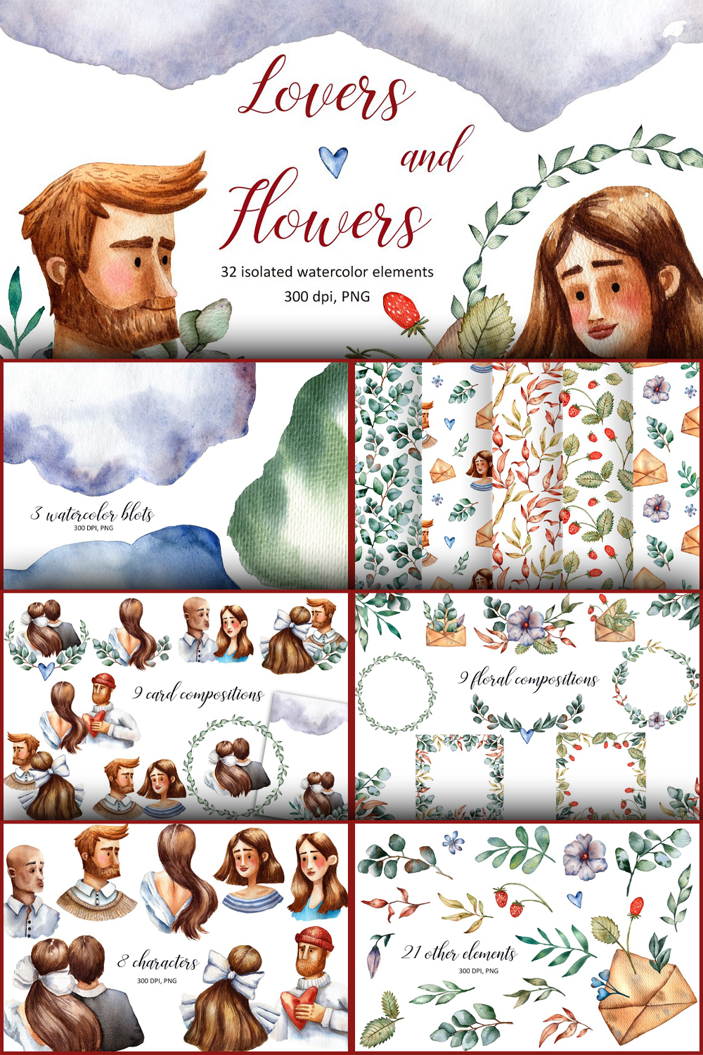 Lovers and flowers watercolor set of pinterest.