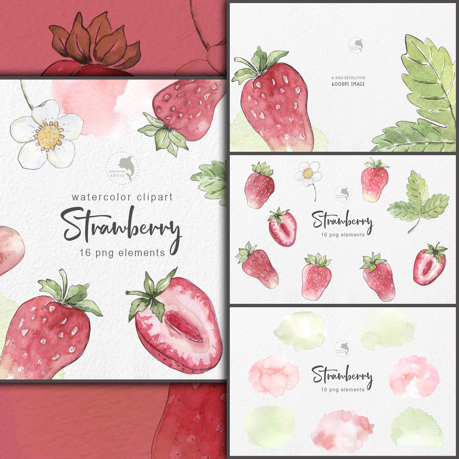 Four slides with watercolor translucent images of strawberries.